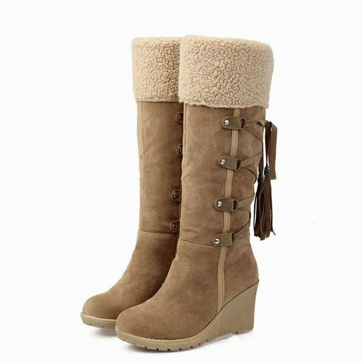 Emma | Women's Knee-High Wedge Winter Boots Faux-Fur Cuff Tassel Detail