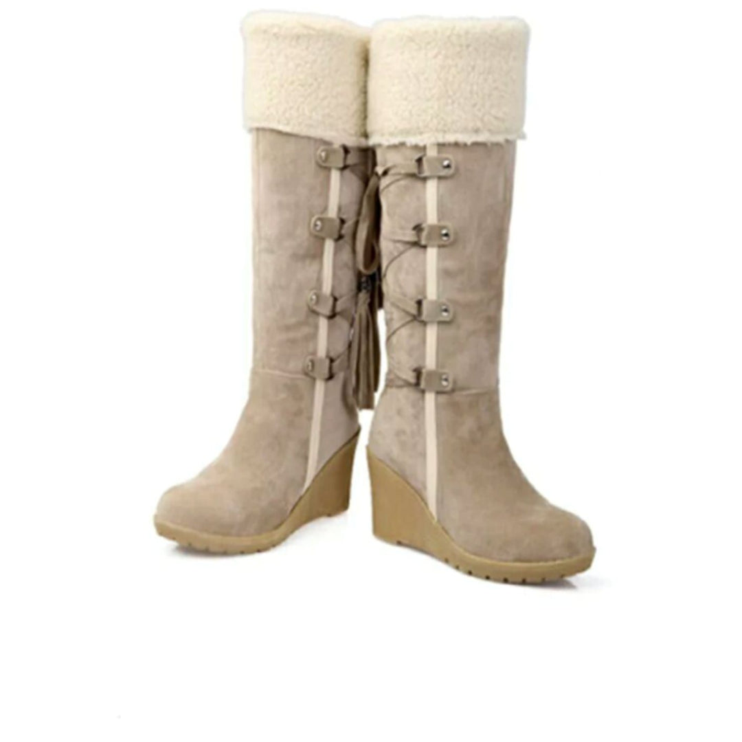 Emma | Women's Knee-High Wedge Winter Boots Faux-Fur Cuff Tassel Detail