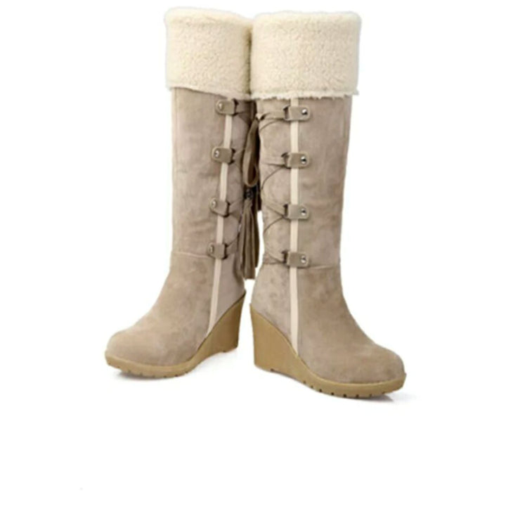 Emma | Women's Knee-High Wedge Winter Boots Faux-Fur Cuff Tassel Detail