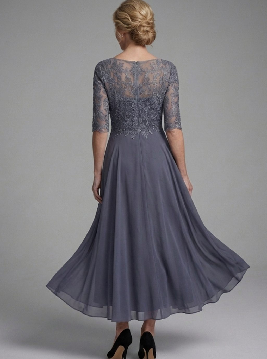 Evelyn | Women's Lace Bodice Sheer Three-Quarter Sleeve Midi Dress