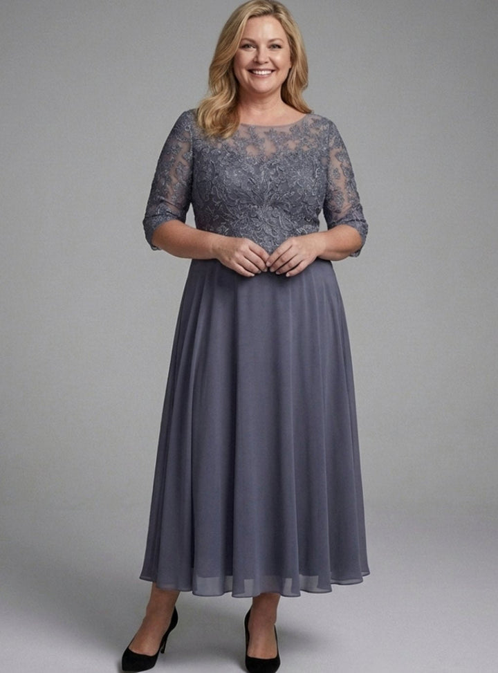 Evelyn | Women's Lace Bodice Sheer Three-Quarter Sleeve Midi Dress