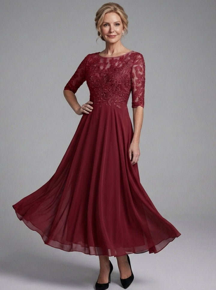 Evelyn | Women's Lace Bodice Sheer Three-Quarter Sleeve Midi Dress