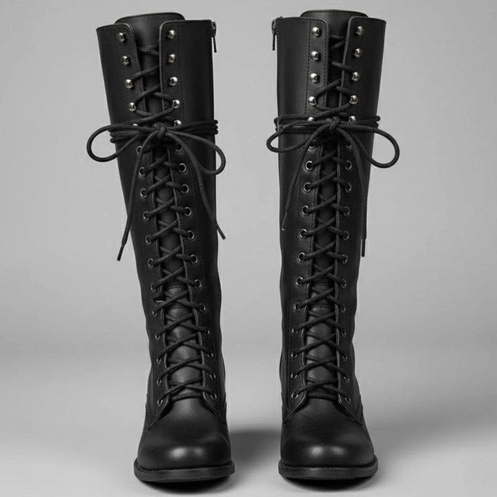 Layla | Women's Lace-Up Block Heel Studded Knee-High Boots