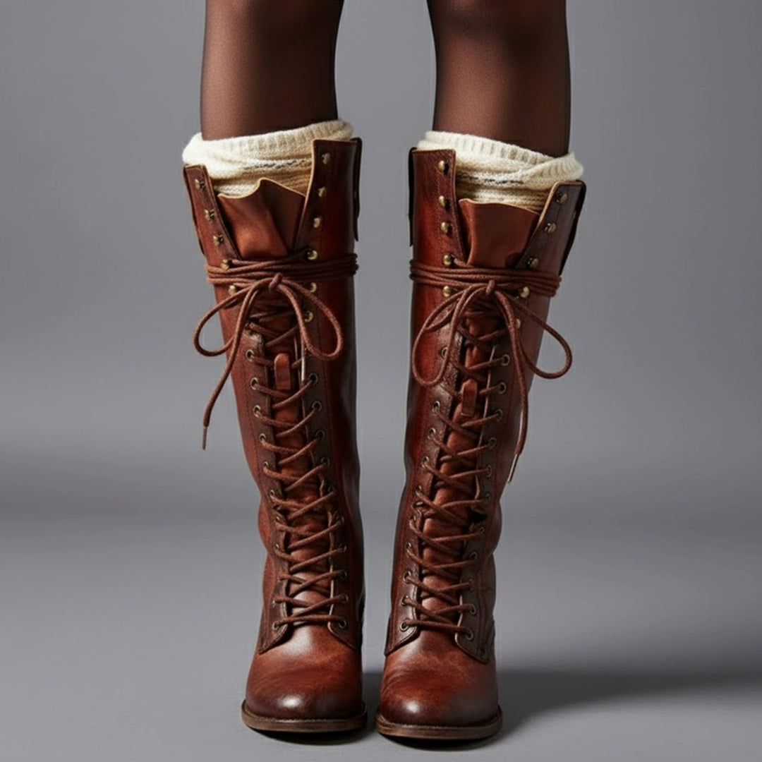 Layla | Women's Lace-Up Block Heel Studded Knee-High Boots