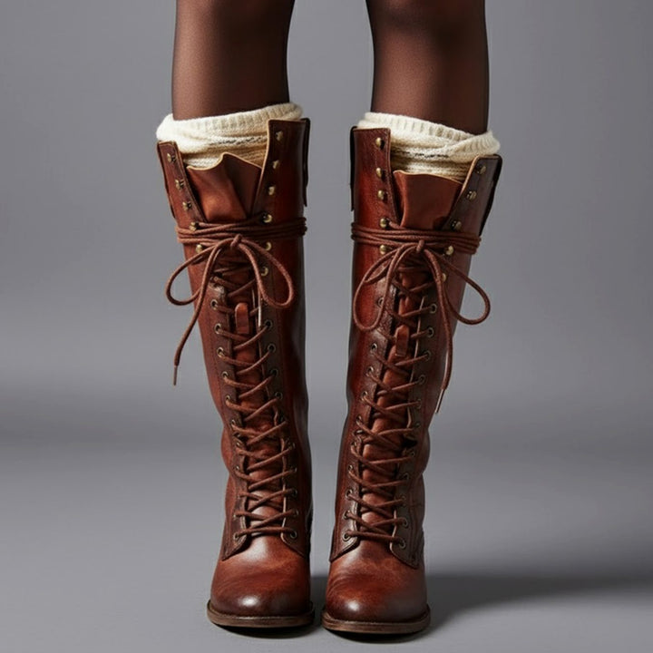 Layla | Women's Lace-Up Block Heel Studded Knee-High Boots