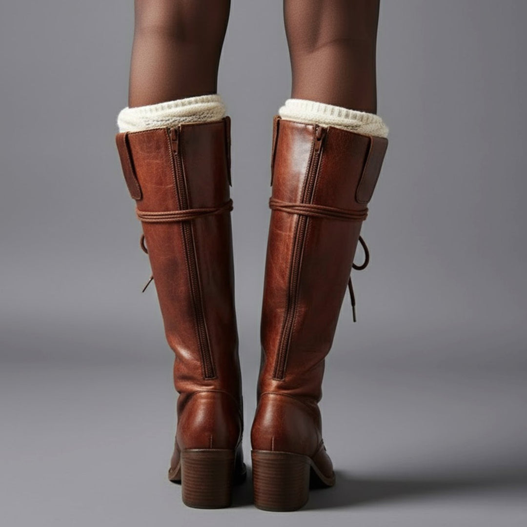 Layla | Women's Lace-Up Block Heel Studded Knee-High Boots