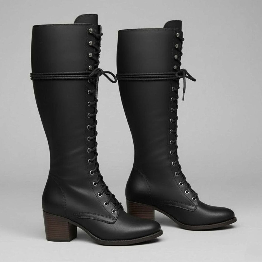 Layla | Women's Lace-Up Block Heel Studded Knee-High Boots