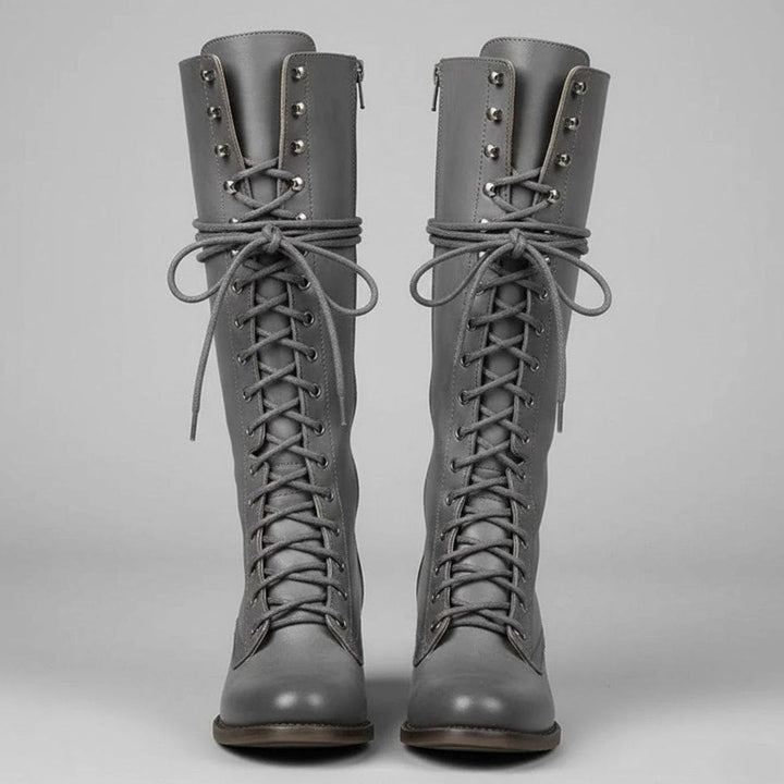 Layla | Women's Lace-Up Block Heel Studded Knee-High Boots