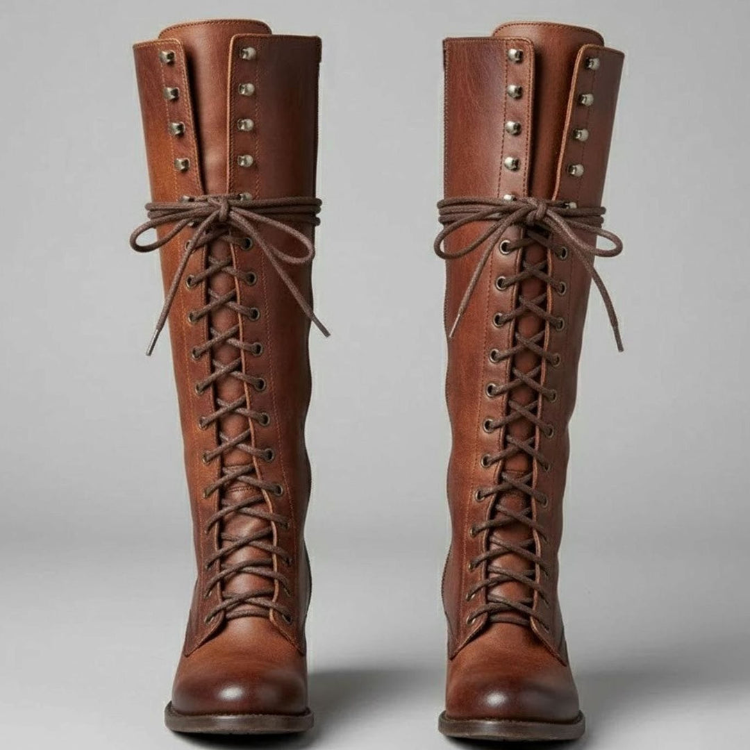 Layla | Women's Lace-Up Block Heel Studded Knee-High Boots