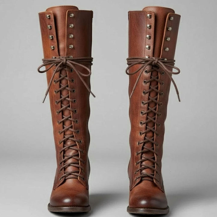 Layla | Women's Lace-Up Block Heel Studded Knee-High Boots