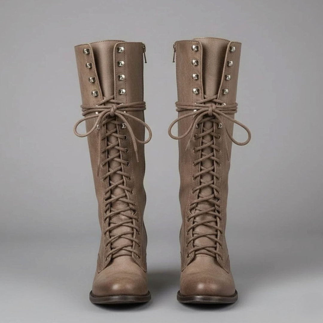 Layla | Women's Lace-Up Block Heel Studded Knee-High Boots