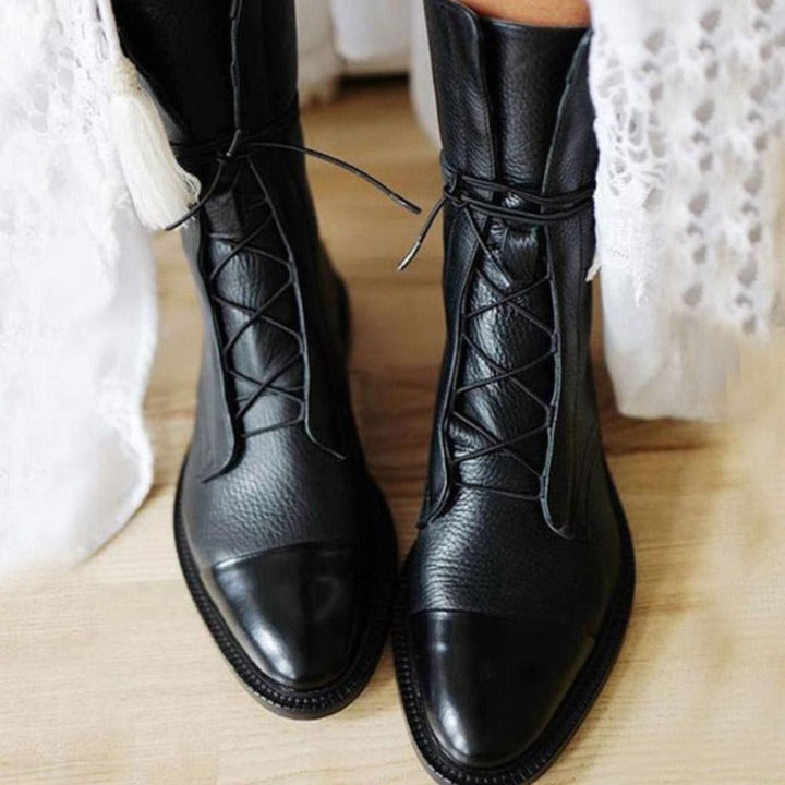 Evelyn | Women's Lace-Up Combat Style Boots Cap-Toe Mid-Calf