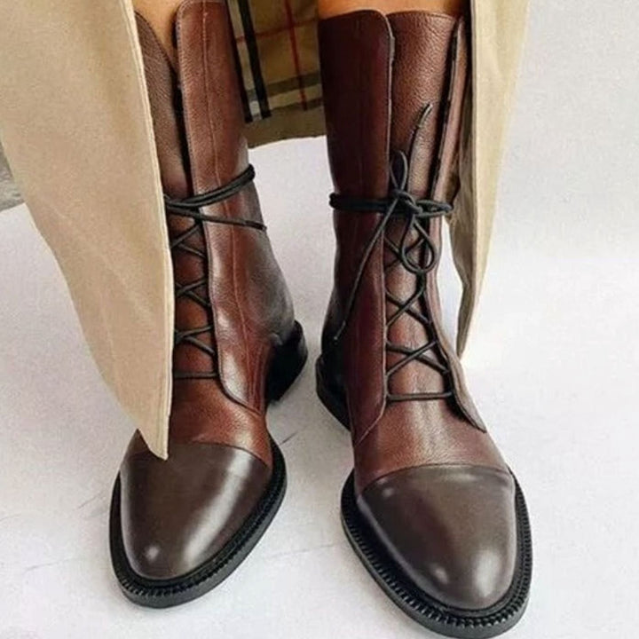 Evelyn | Women's Lace-Up Combat Style Boots Cap-Toe Mid-Calf