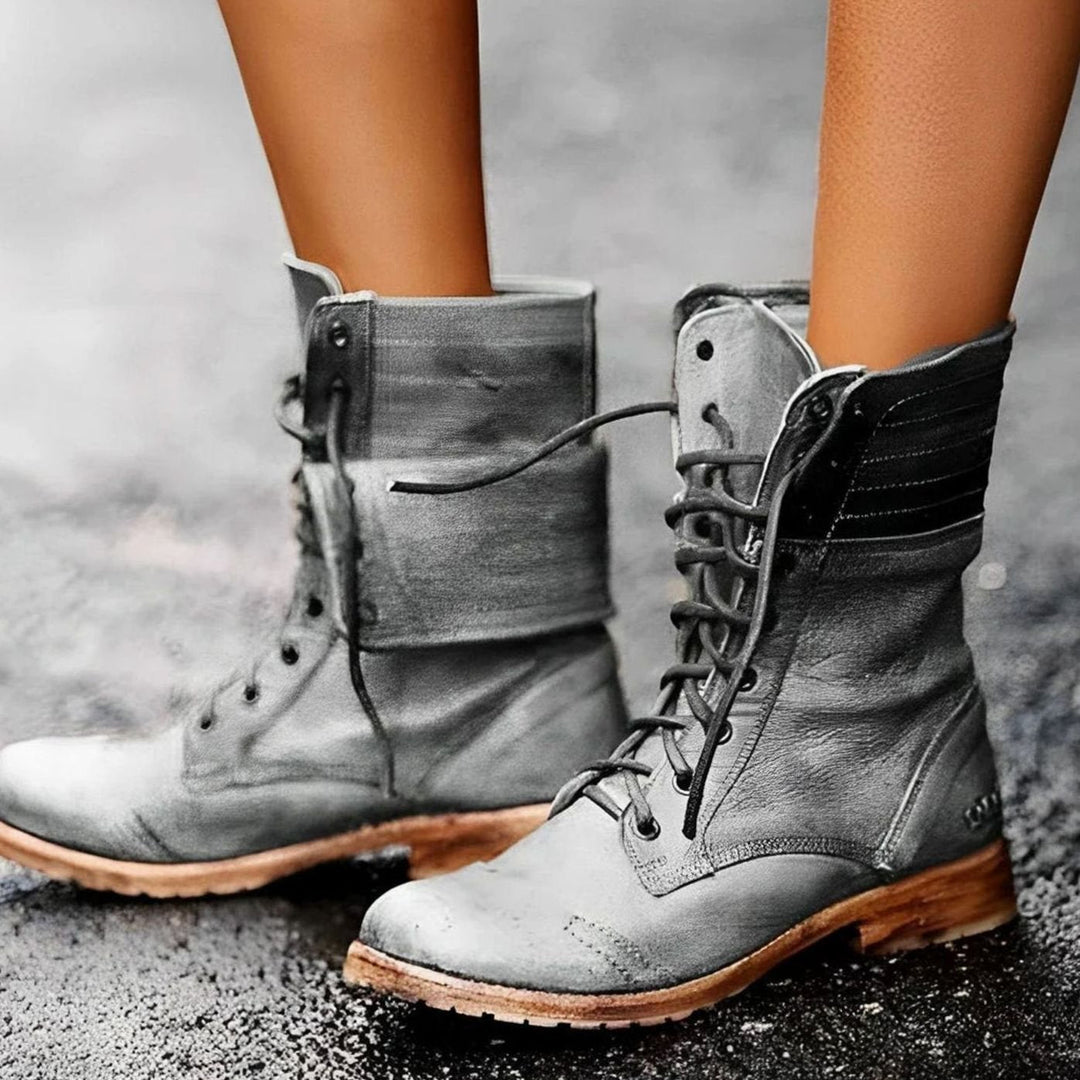 Scarlett | Women's Lace-Up Mid-Calf Combat Boots Distressed Foldover