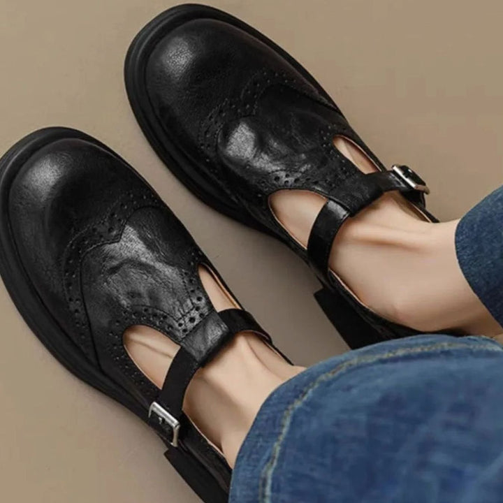 Sophia | Women's Leather Brogue T-Strap Mary Jane Flat Shoes