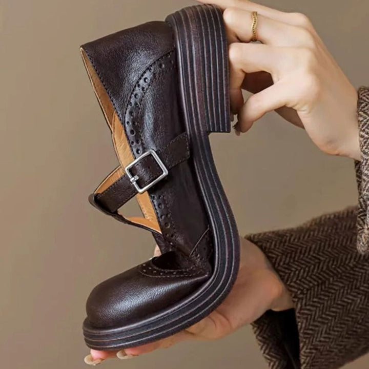 Sophia | Women's Leather Brogue T-Strap Mary Jane Flat Shoes