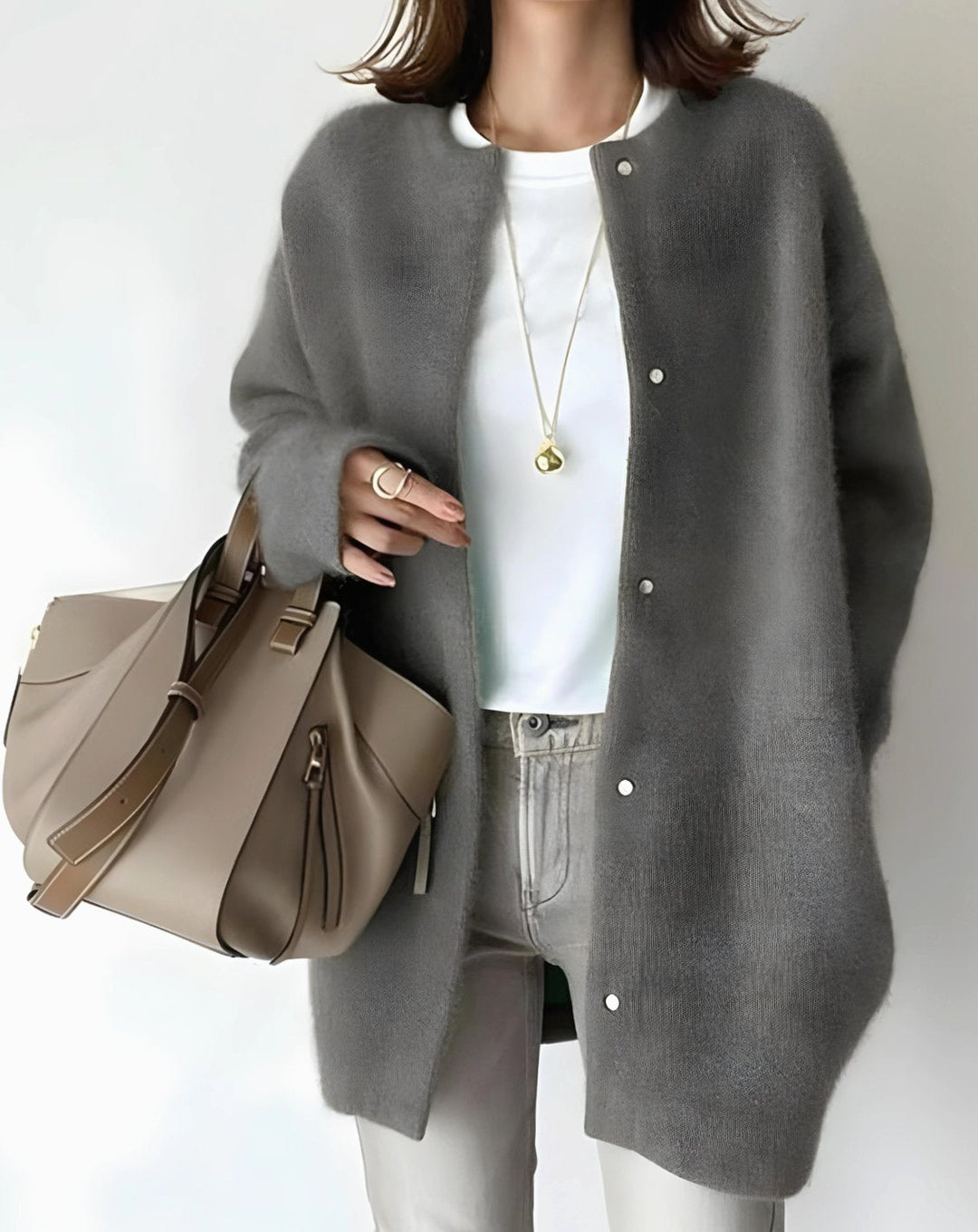 Grace | Women's Longline Crew Neck Snap-Button Relaxed-Fit Cardigan