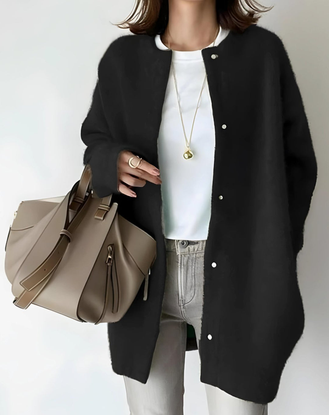 Grace | Women's Longline Crew Neck Snap-Button Relaxed-Fit Cardigan