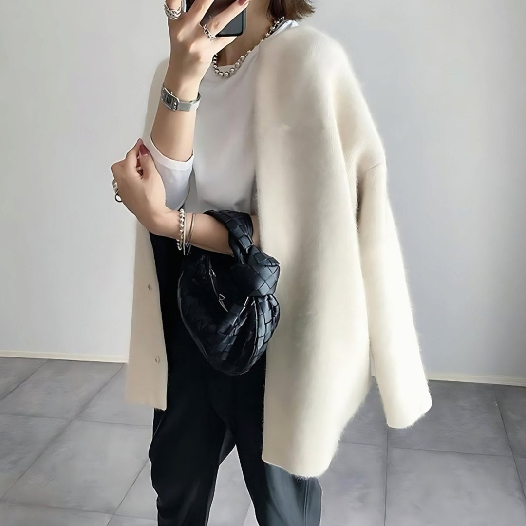 Grace | Women's Longline Crew Neck Snap-Button Relaxed-Fit Cardigan