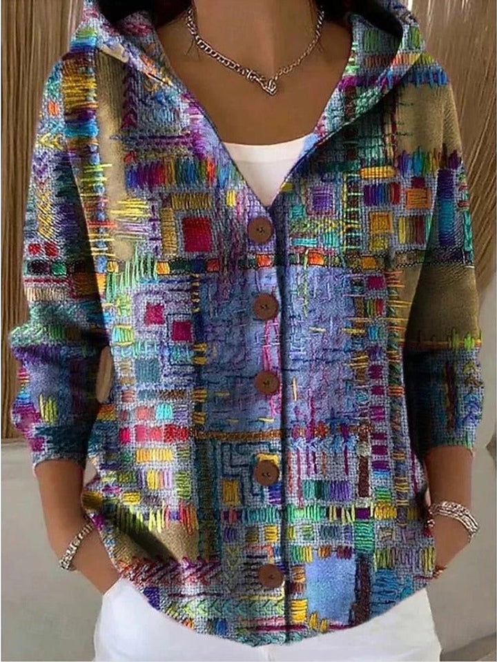 Scarlett | Women's Multicolor Patchwork Button-Front Hooded Cardigan Sweater