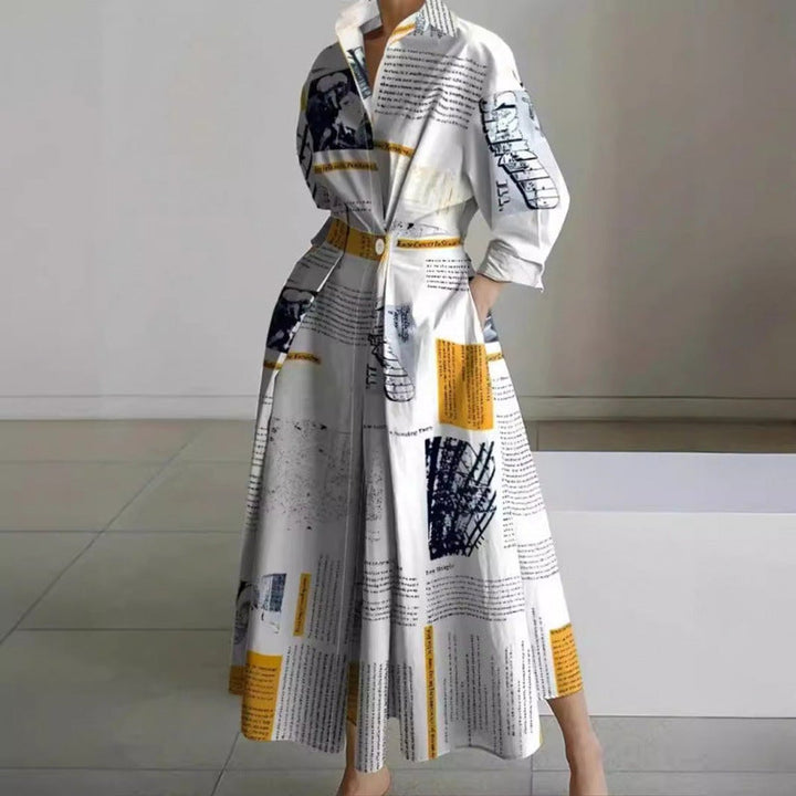 Victoria | Women's Newspaper Print Collared Wrap Maxi Dress