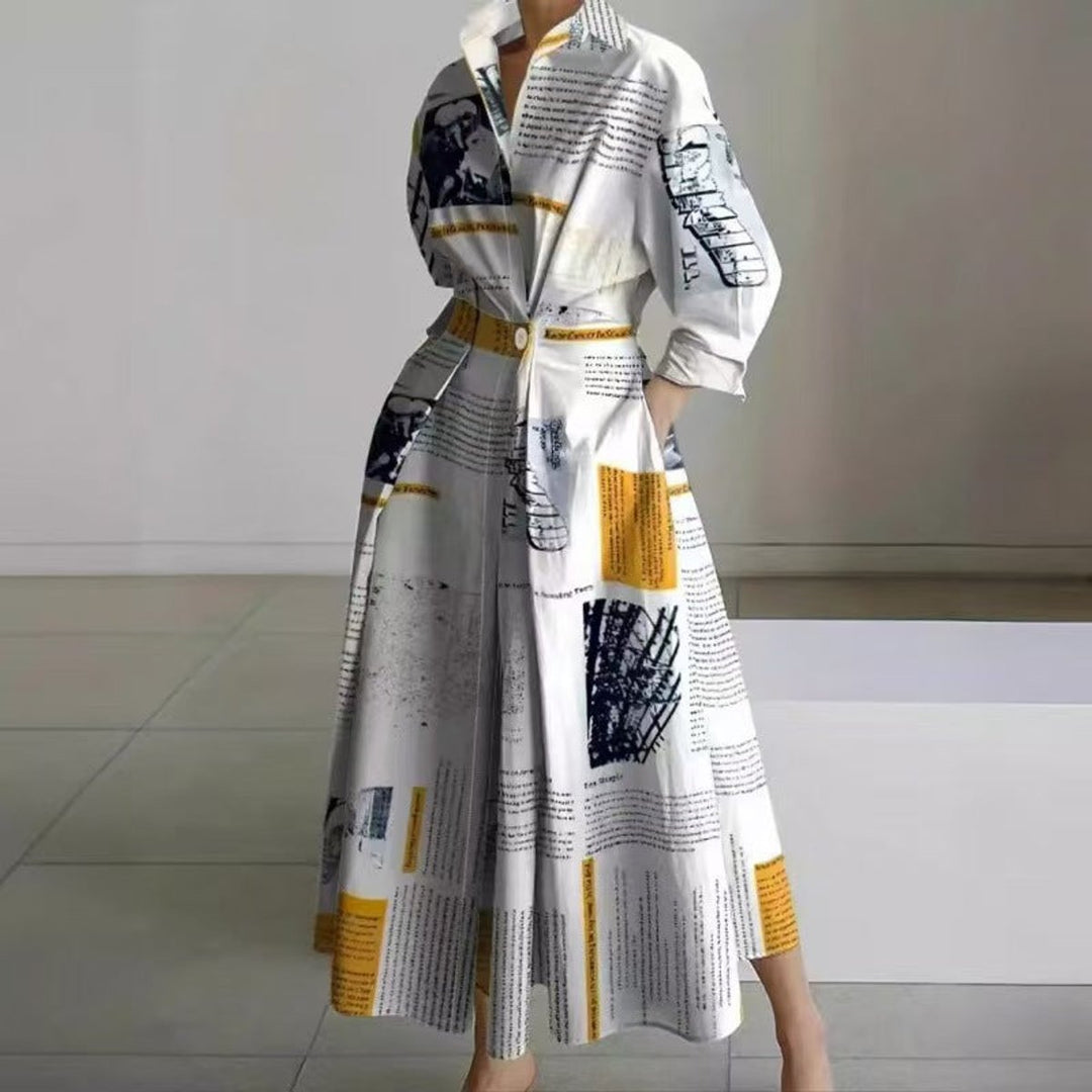 Victoria | Women's Newspaper Print Collared Wrap Maxi Dress