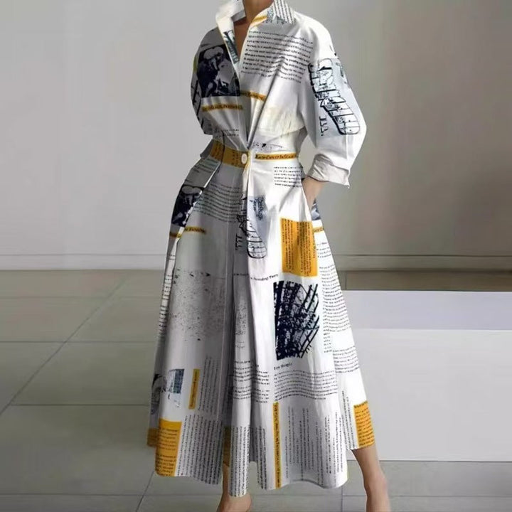 Victoria | Women's Newspaper Print Collared Wrap Maxi Dress