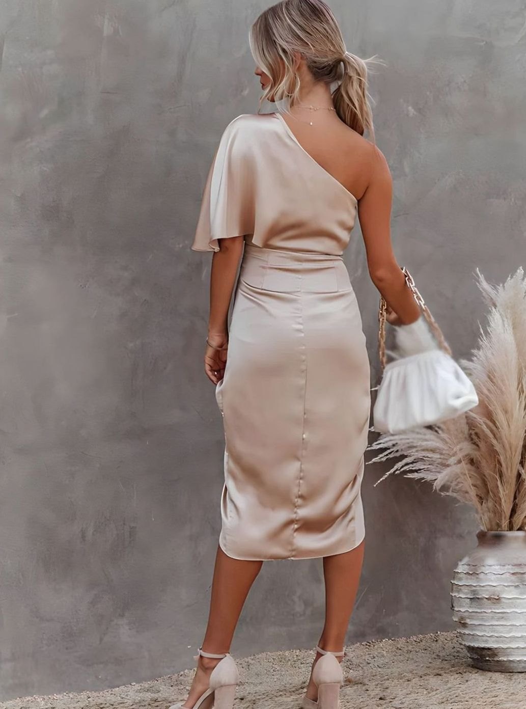 Aria | Women's One-Shoulder Satin Wrap Midi Dress