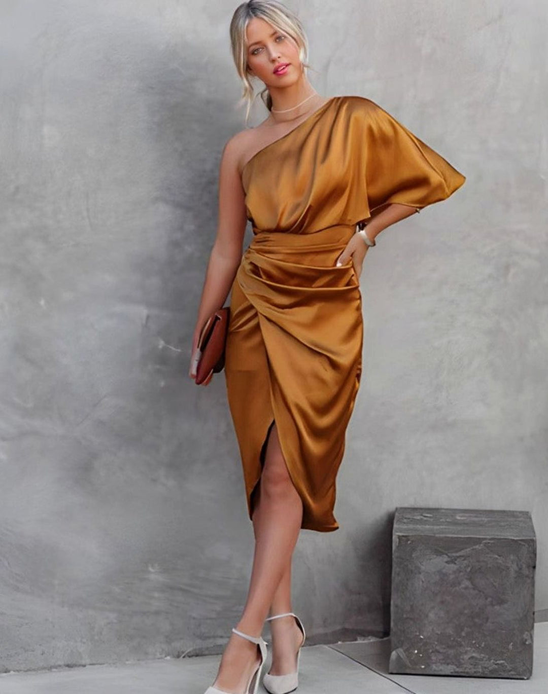 Aria | Women's One-Shoulder Satin Wrap Midi Dress