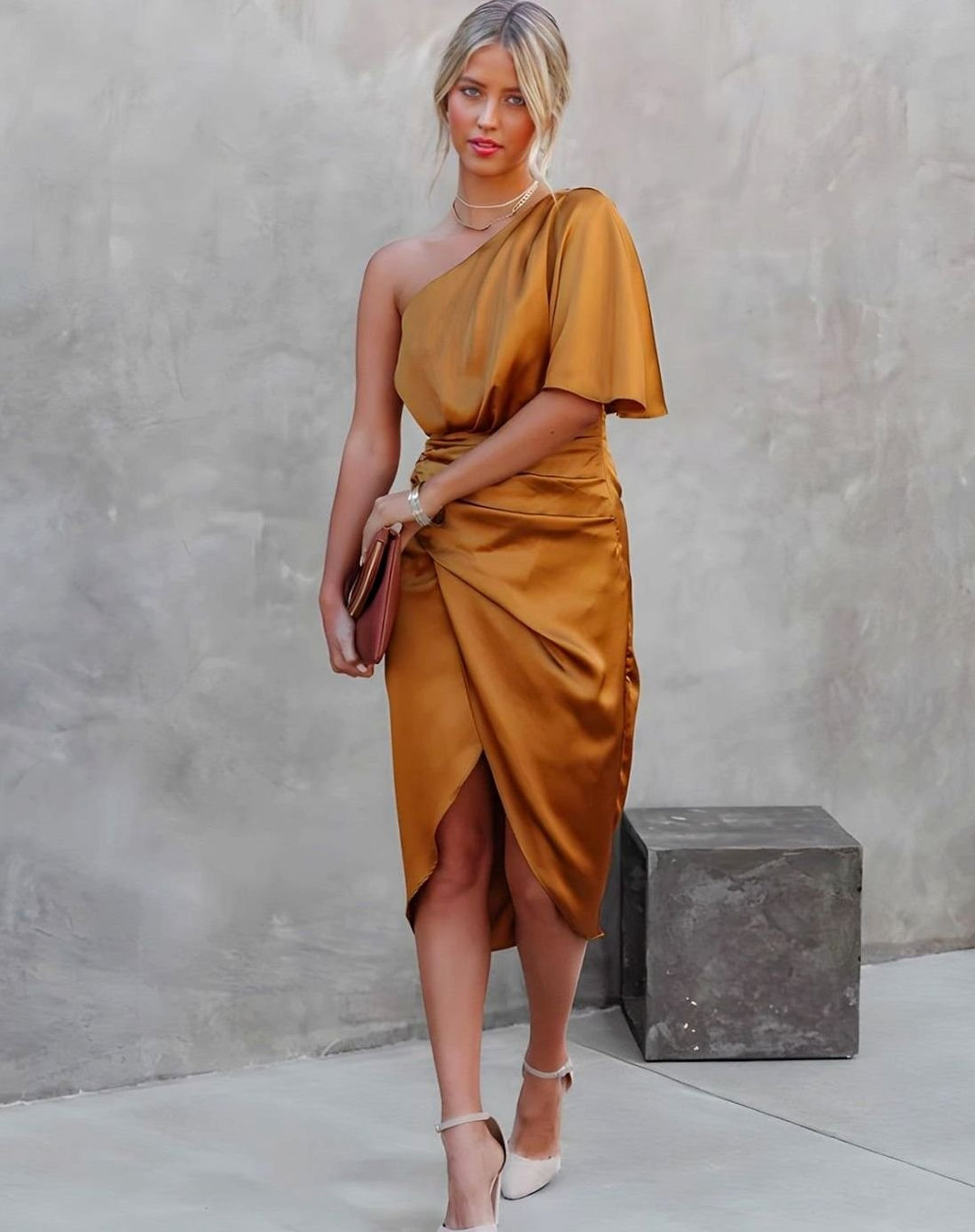 Aria | Women's One-Shoulder Satin Wrap Midi Dress