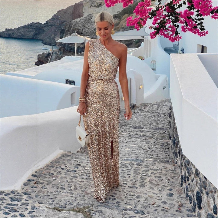 Charlotte | Women's One-Shoulder Sequin Cocktail Dress Maxi Side Slit