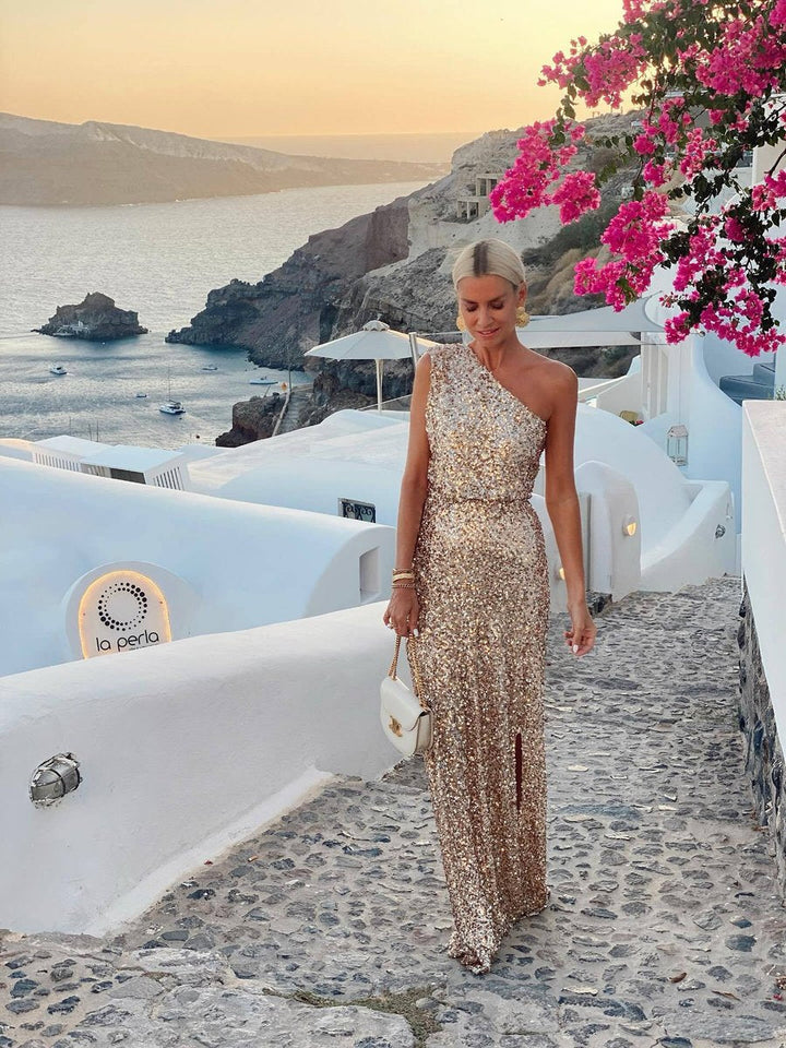 Charlotte | Women's One-Shoulder Sequin Cocktail Dress Maxi Side Slit