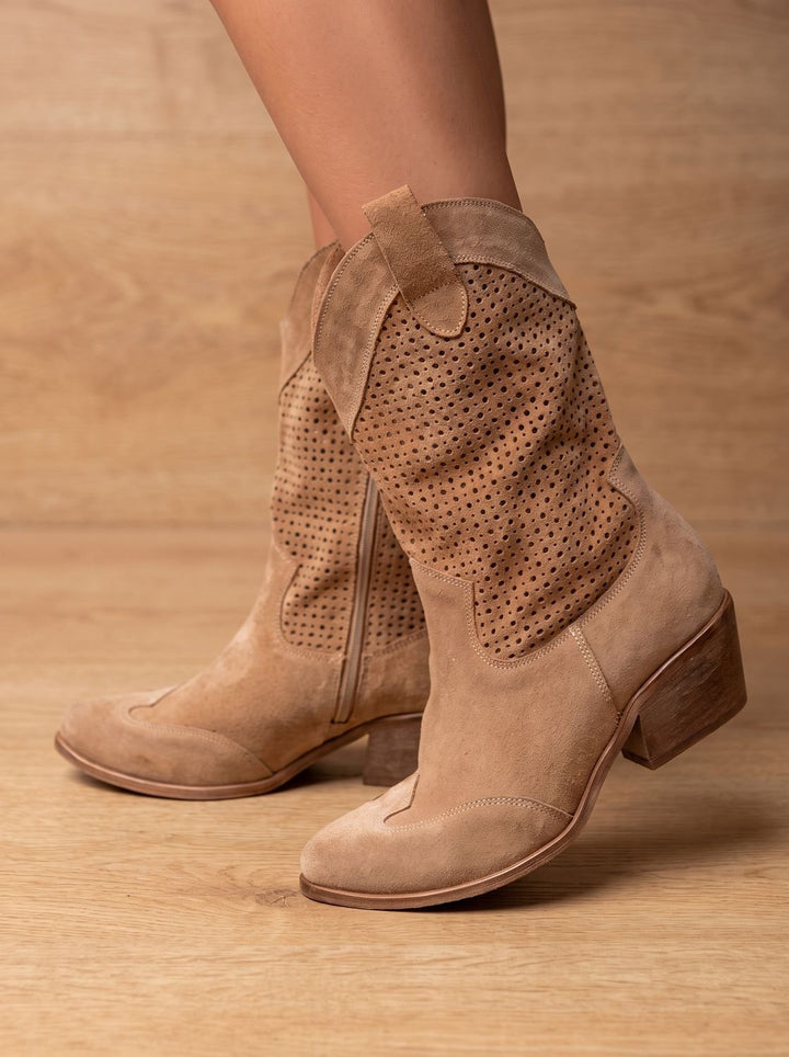 Camila | Women's Orthopedic Western Mid-Calf Perforated Suede Block-Heel Boots
