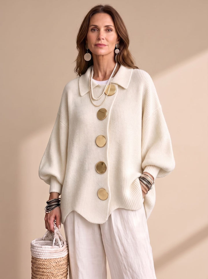 Victoria | Women's Oversized Lantern-Sleeve Gold-Button Knit Cardigan
