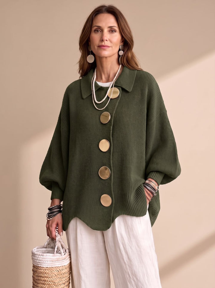 Victoria | Women's Oversized Lantern-Sleeve Gold-Button Knit Cardigan