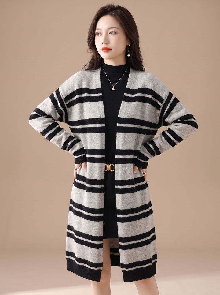 Sophia | Women's Oversized Open-Front Striped Long Knit Cardigan