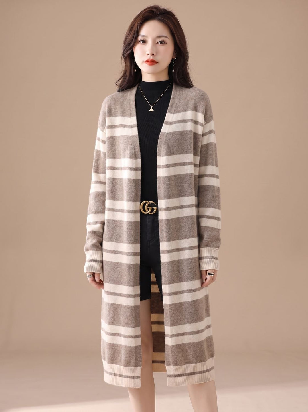 Sophia | Women's Oversized Open-Front Striped Long Knit Cardigan