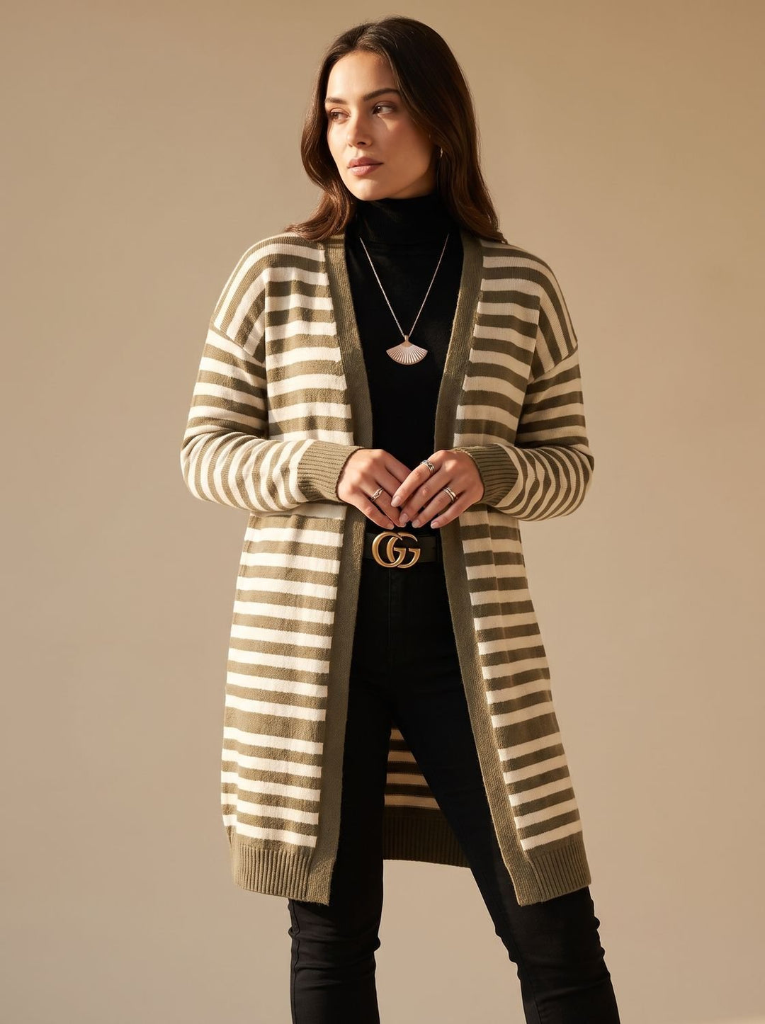 Sophia | Women's Oversized Open-Front Striped Long Knit Cardigan
