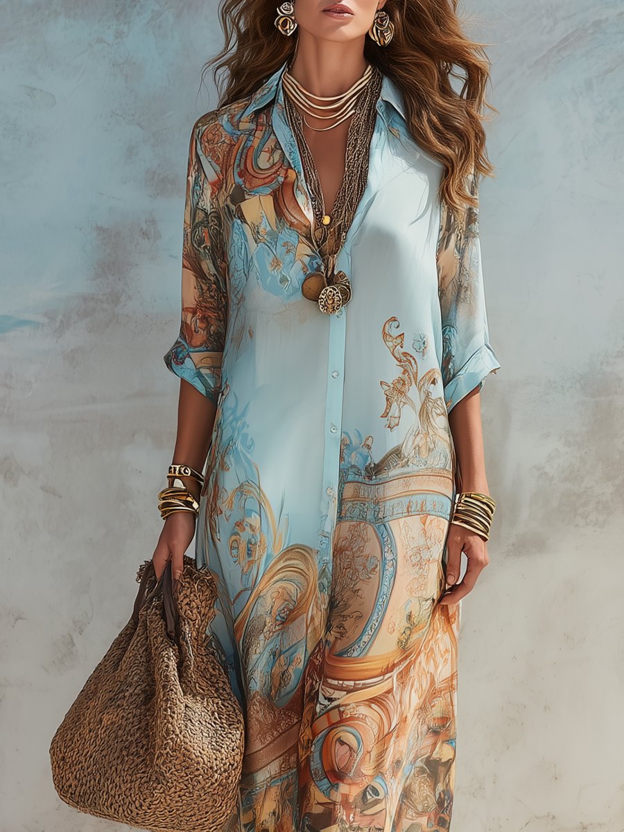 Aria | Women's Paisley Print Button-Down Flowy Maxi Dress