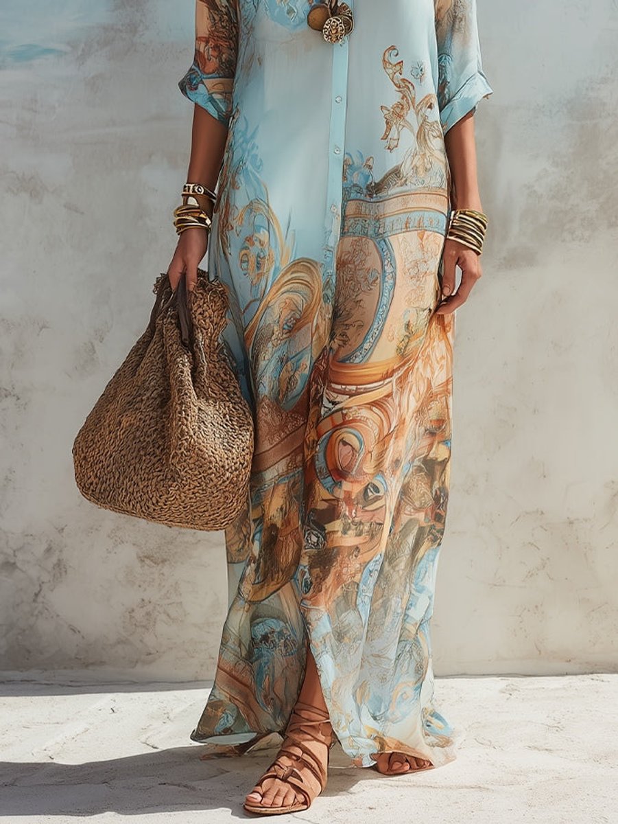Aria | Women's Paisley Print Button-Down Flowy Maxi Dress