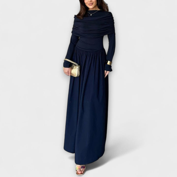 Charlotte | Women's Pleated High-Neck Long Sleeve Relaxed Maxi Dress