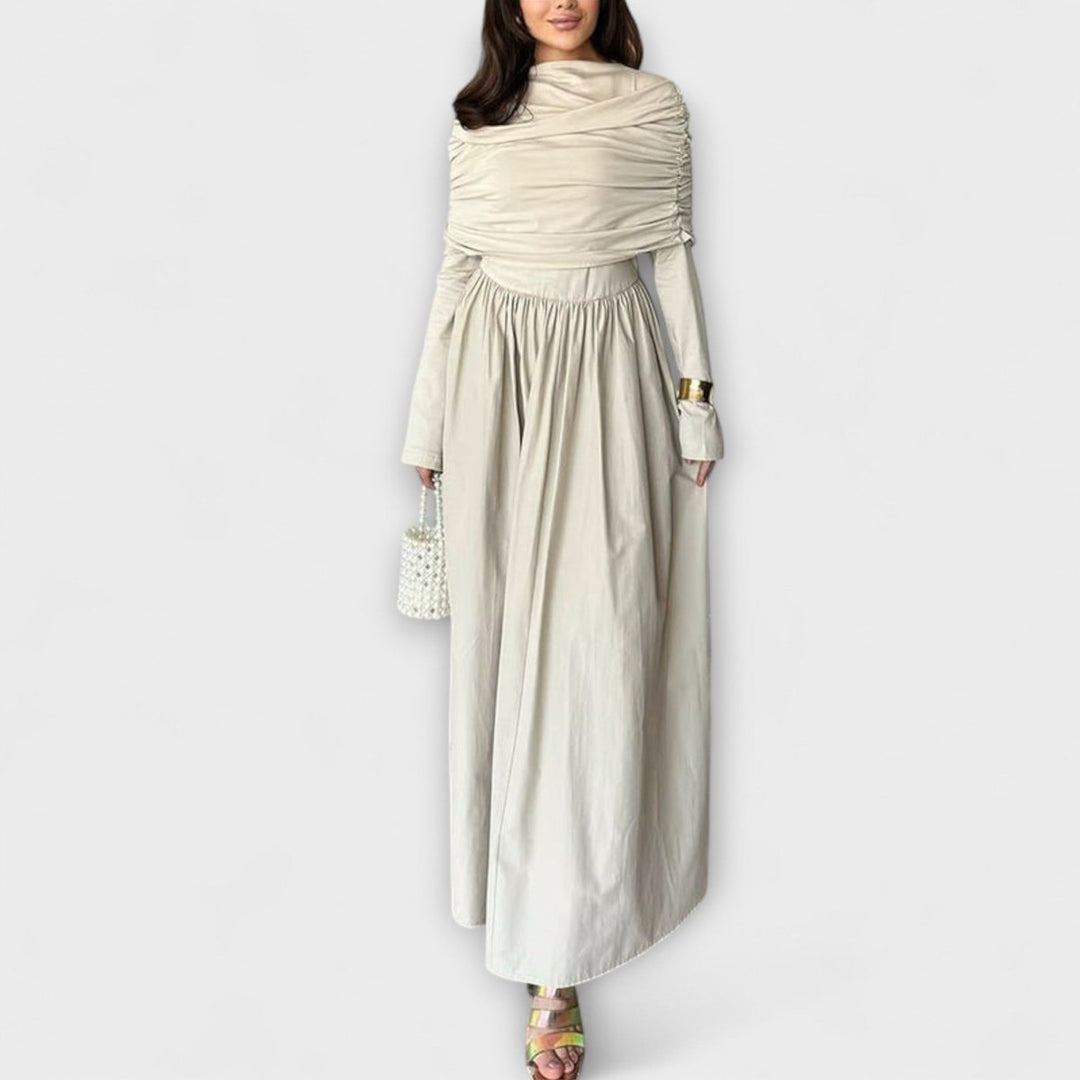 Charlotte | Women's Pleated High-Neck Long Sleeve Relaxed Maxi Dress