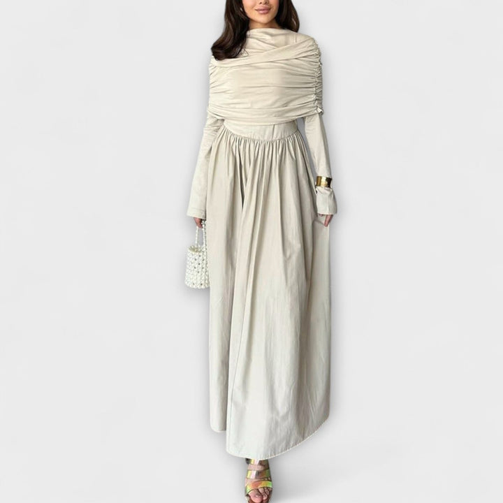 Charlotte | Women's Pleated High-Neck Long Sleeve Relaxed Maxi Dress