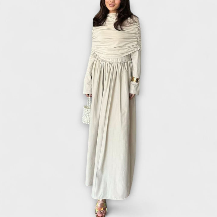 Charlotte | Women's Pleated High-Neck Long Sleeve Relaxed Maxi Dress