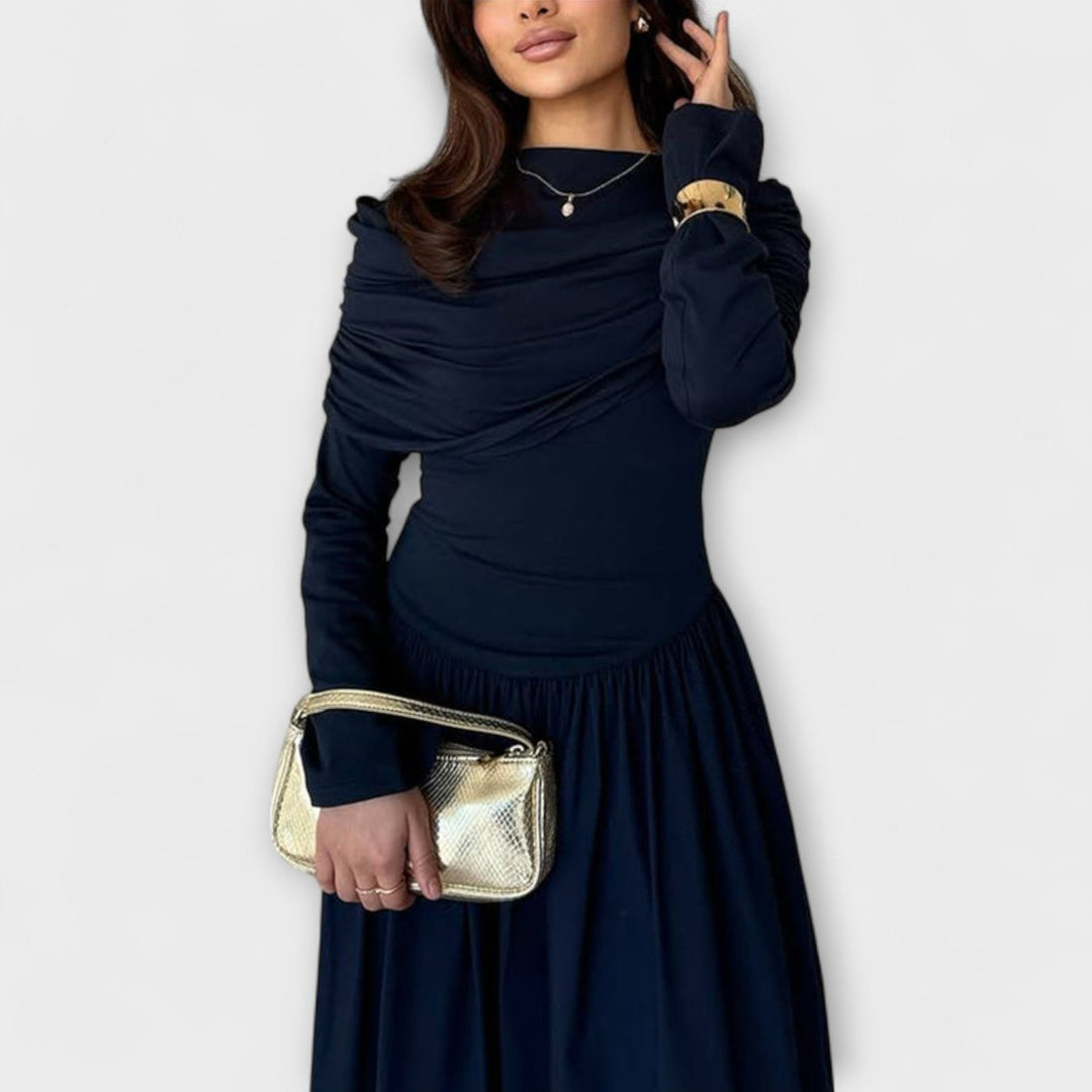 Charlotte | Women's Pleated High-Neck Long Sleeve Relaxed Maxi Dress