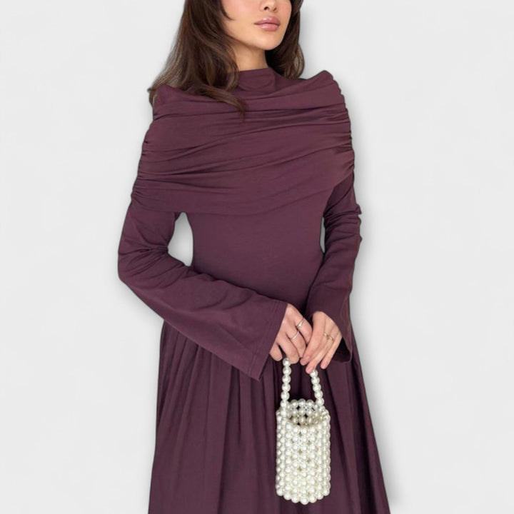 Charlotte | Women's Pleated High-Neck Long Sleeve Relaxed Maxi Dress