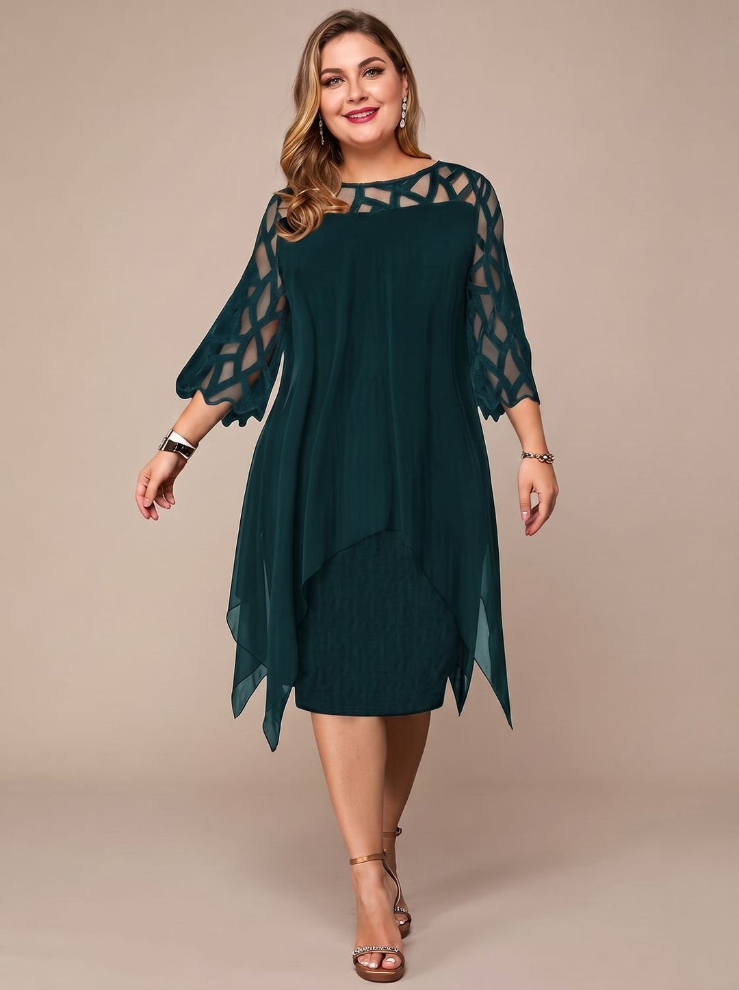 Charlotte | Women's Plus Size Lace-Yoke Chiffon Overlay Midi Dress