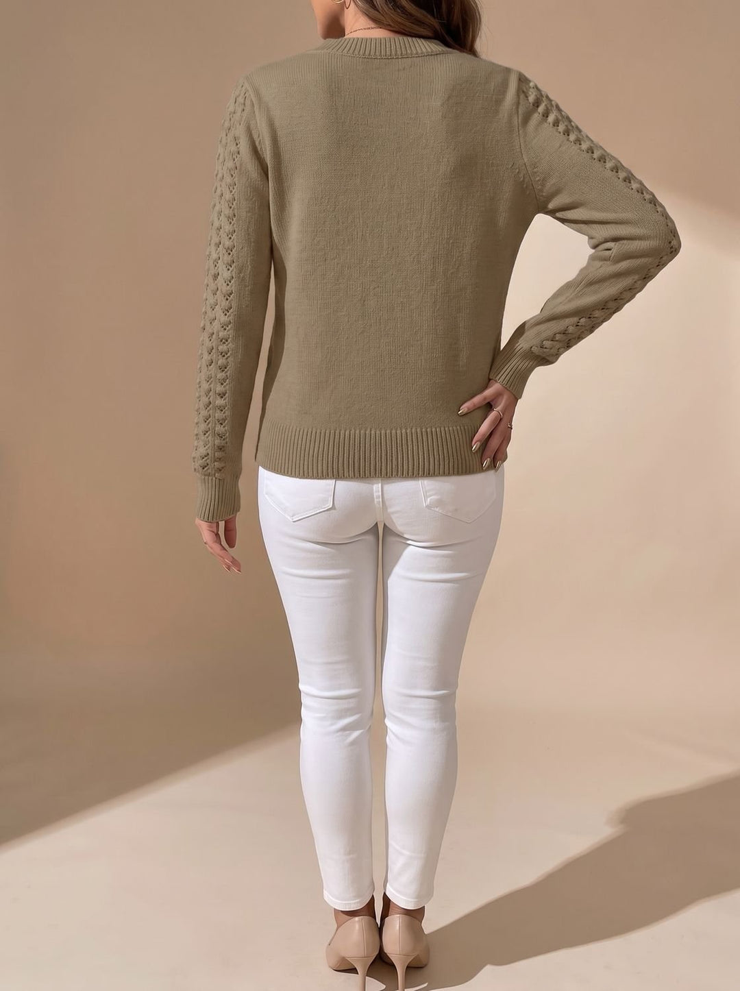 Charlotte | Women's Pointelle-Knit Cropped Long-Sleeve Crew Neck Sweater