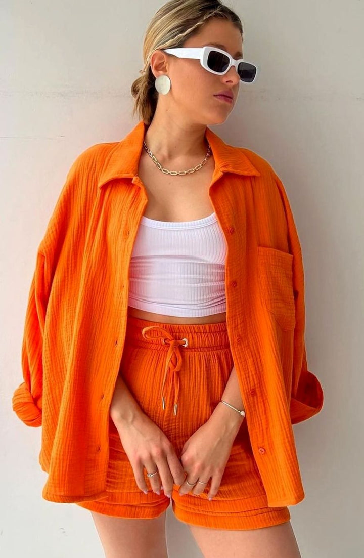Camila | Women's Relaxed-Fit Button-Down Shirt Shorts Two-Piece Set