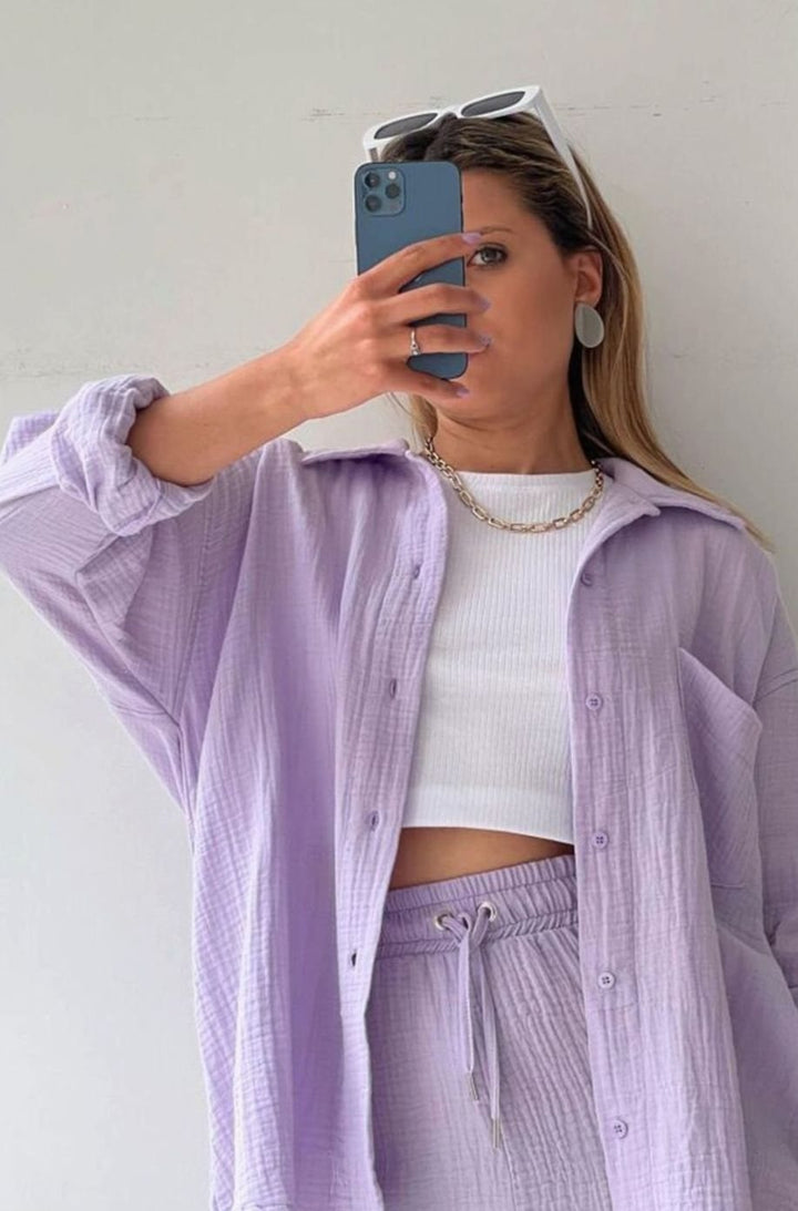 Camila | Women's Relaxed-Fit Button-Down Shirt Shorts Two-Piece Set